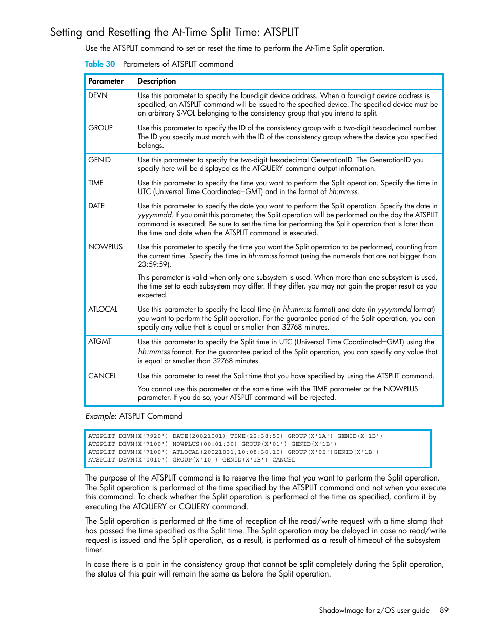 Table 30 parameters of atsplit command, 30 parameters of atsplit command, Setting and resetting the at-time split time | Atsplit | HP XP Business Copy Software User Manual | Page 89 / 178