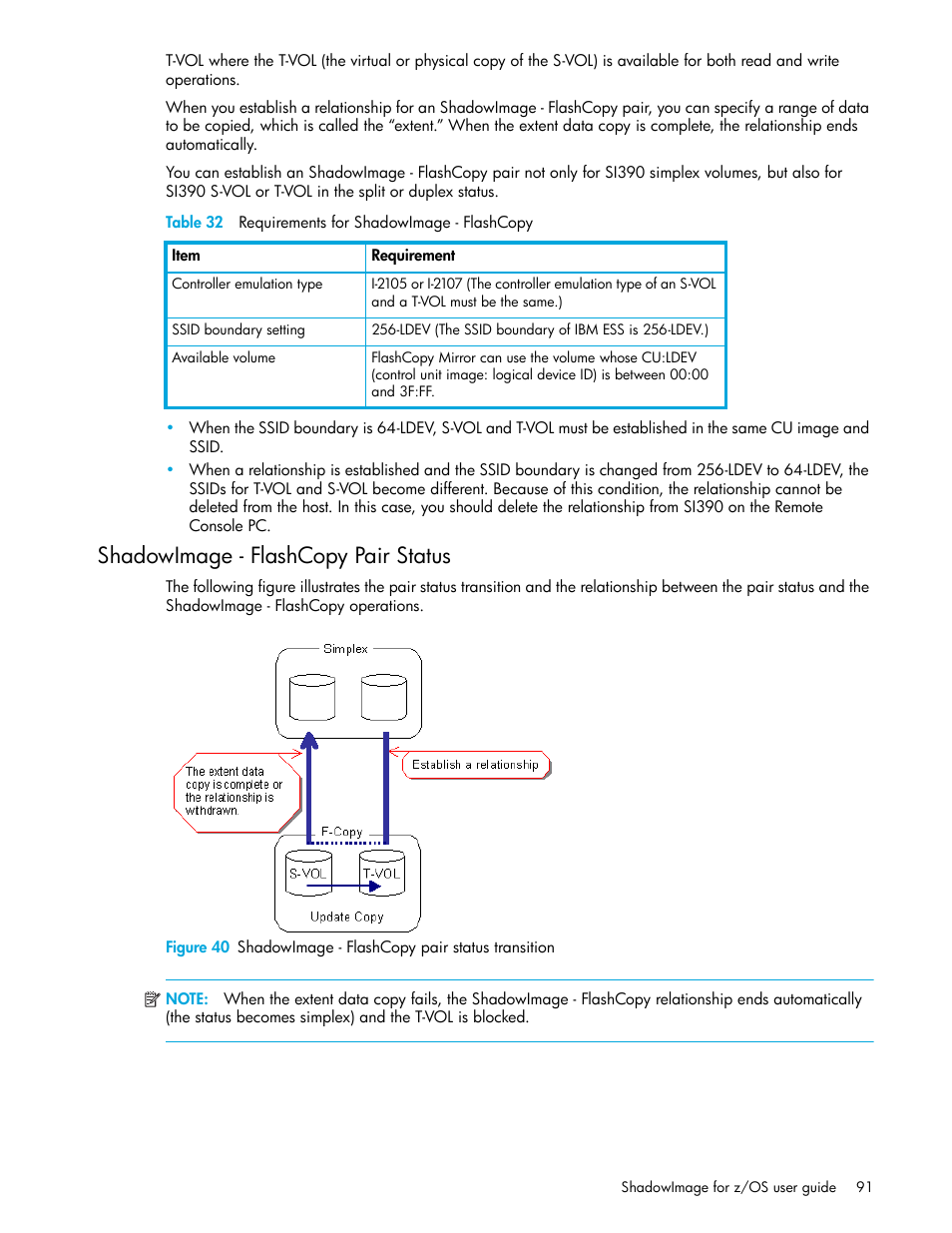 Table 32 requirements for shadowimage - flashcopy, Shadowimage - flashcopy pair status, 40 shadowimage - flashcopy pair status transition | 32 requirements for shadowimage - flashcopy | HP XP Business Copy Software User Manual | Page 91 / 178
