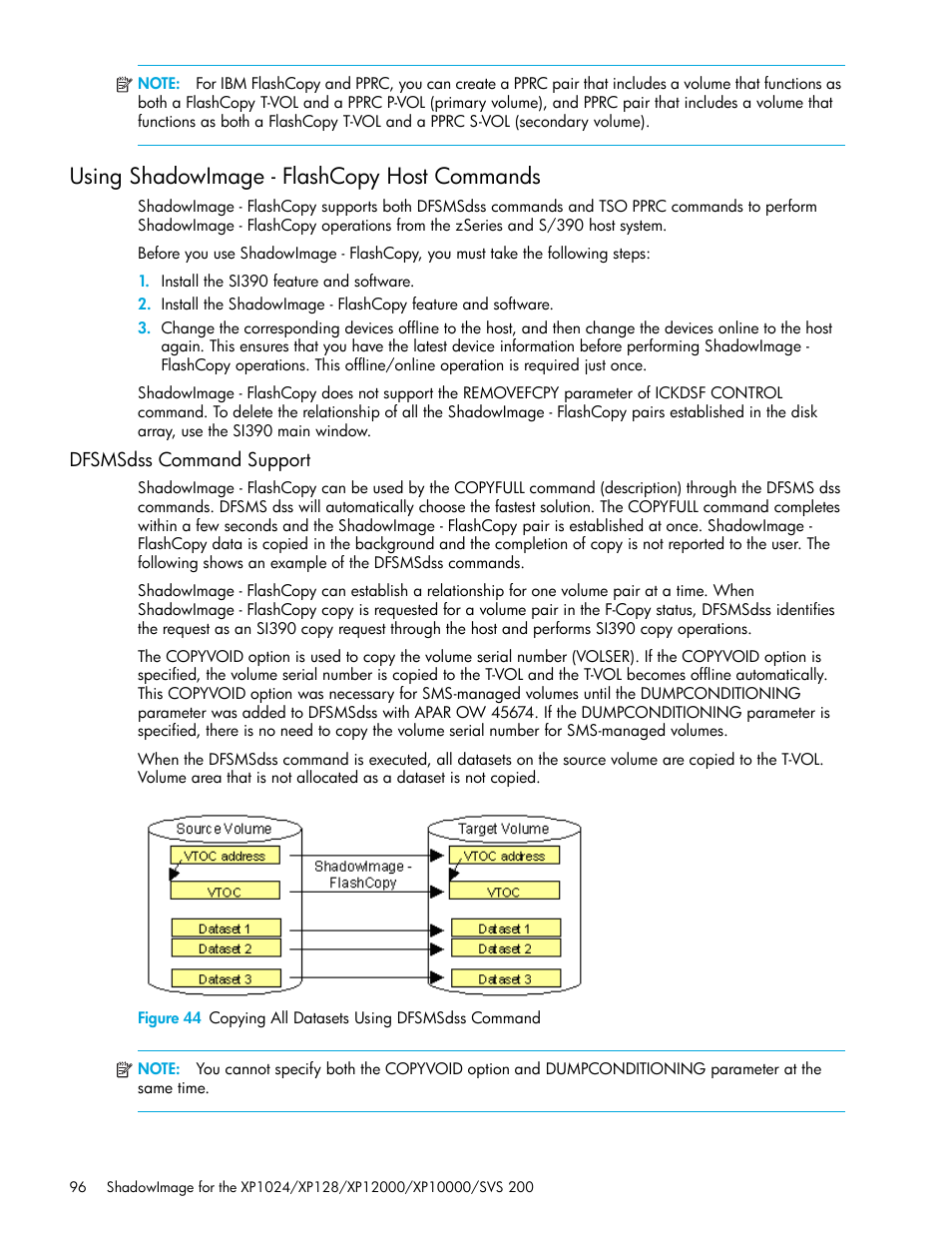 Using shadowimage - flashcopy host commands, Dfsmsdss command support, 44 copying all datasets using dfsmsdss command | Using shadowimage - flashcopy, Host commands | HP XP Business Copy Software User Manual | Page 96 / 178