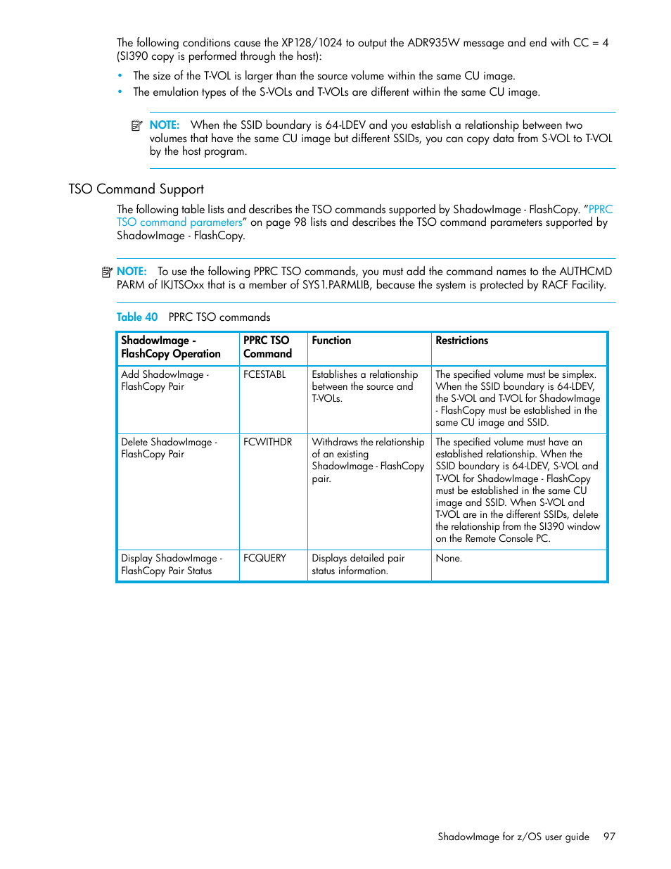 Tso command support, Table 40 pprc tso commands, 40 pprc tso commands | HP XP Business Copy Software User Manual | Page 97 / 178