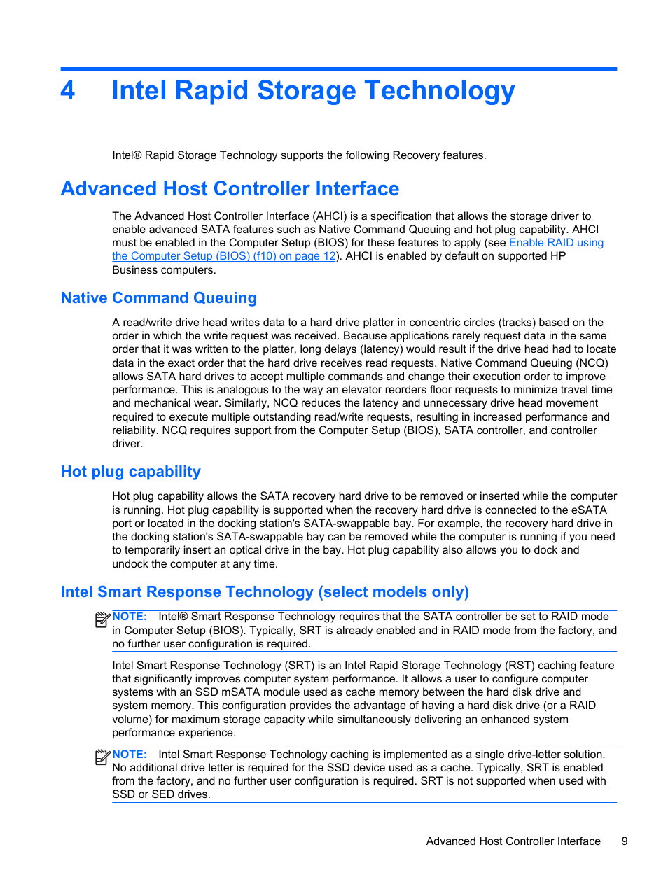 Intel rapid storage technology, Advanced host controller interface, Native command queuing | Hot plug capability, 4 intel rapid storage technology, 4intel rapid storage technology | HP EliteBook 2170p Notebook PC User Manual | Page 13 / 33