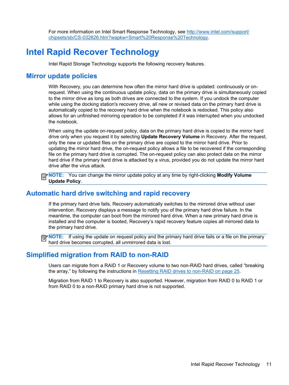 Intel rapid recover technology, Mirror update policies, Automatic hard drive switching and rapid recovery | Simplified migration from raid to non-raid | HP EliteBook 2170p Notebook PC User Manual | Page 15 / 33