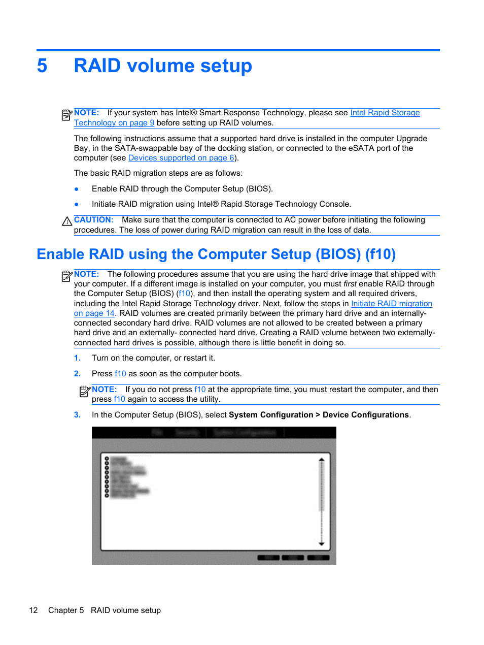 Raid volume setup, Enable raid using the computer setup (bios) (f10), 5 raid volume setup | 5raid volume setup | HP EliteBook 2170p Notebook PC User Manual | Page 16 / 33