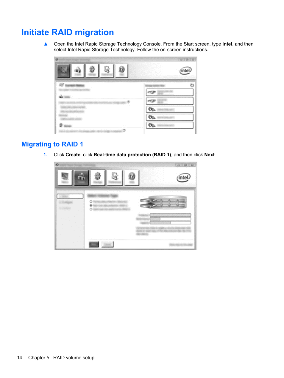 Initiate raid migration, Migrating to raid 1 | HP EliteBook 2170p Notebook PC User Manual | Page 18 / 33