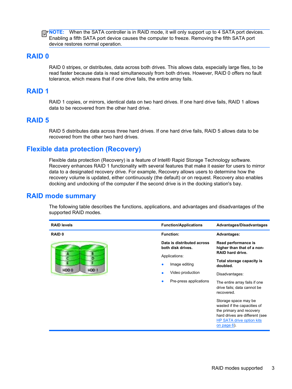 Raid 0, Raid 1, Raid 5 | Flexible data protection (recovery), Raid mode summary | HP EliteBook 2170p Notebook PC User Manual | Page 7 / 33