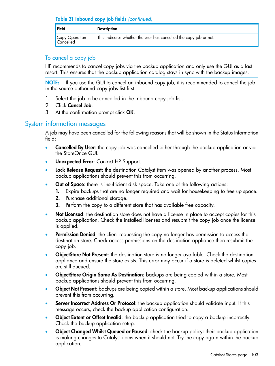System information messages | HP StoreOnce Backup User Manual | Page 103 / 156