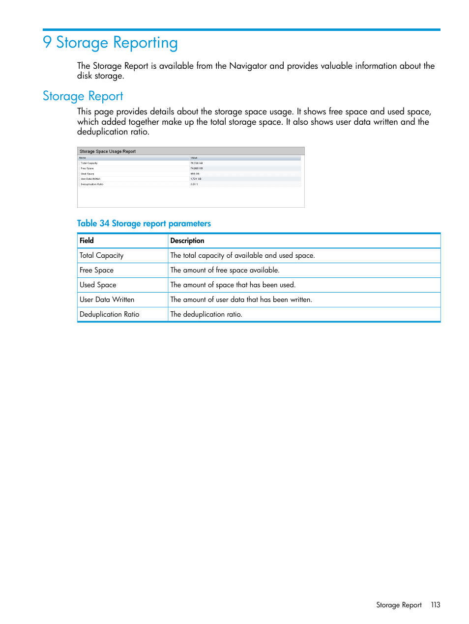 9 storage reporting, Storage report | HP StoreOnce Backup User Manual | Page 113 / 156