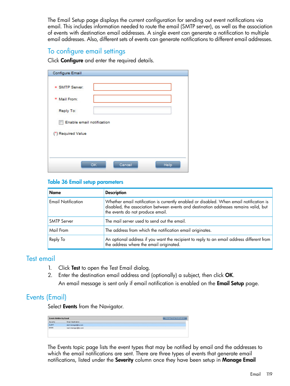 Test email, Events (email), Test email events (email) | HP StoreOnce Backup User Manual | Page 119 / 156