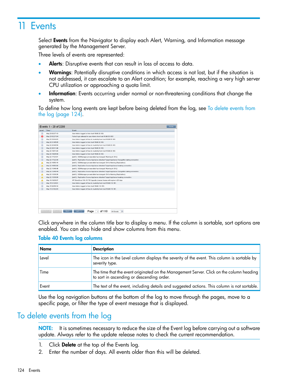 11 events, To delete events from the log | HP StoreOnce Backup User Manual | Page 124 / 156