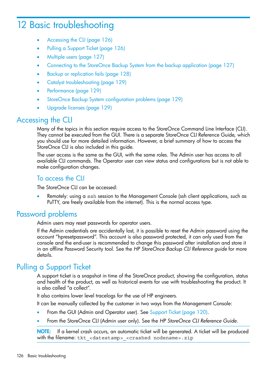 12 basic troubleshooting, Accessing the cli, Password problems | Pulling a support ticket | HP StoreOnce Backup User Manual | Page 126 / 156