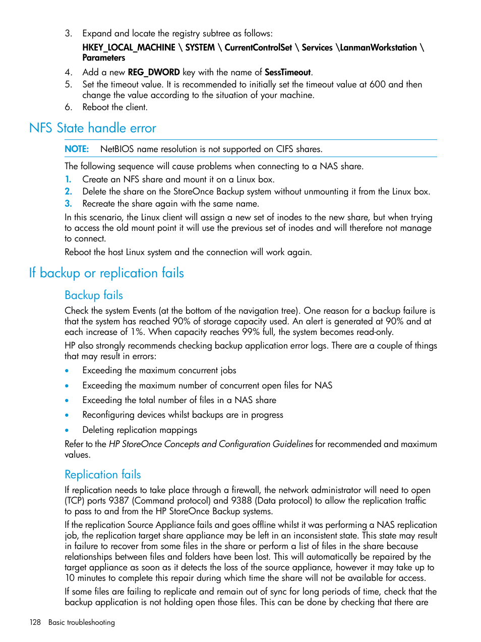 Nfs state handle error, If backup or replication fails, Backup fails | Replication fails | HP StoreOnce Backup User Manual | Page 128 / 156