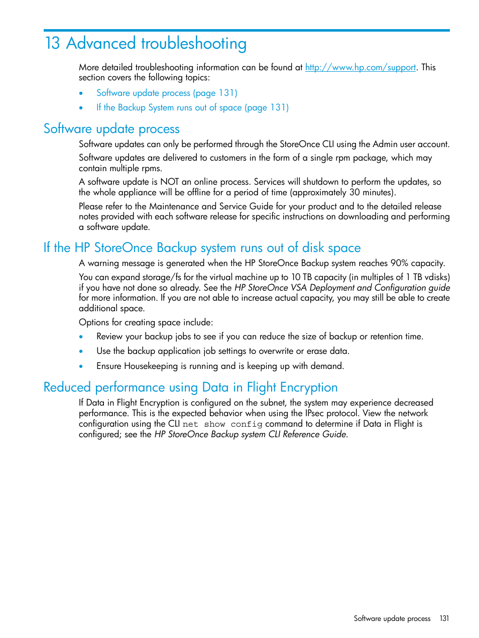 13 advanced troubleshooting, Software update process | HP StoreOnce Backup User Manual | Page 131 / 156