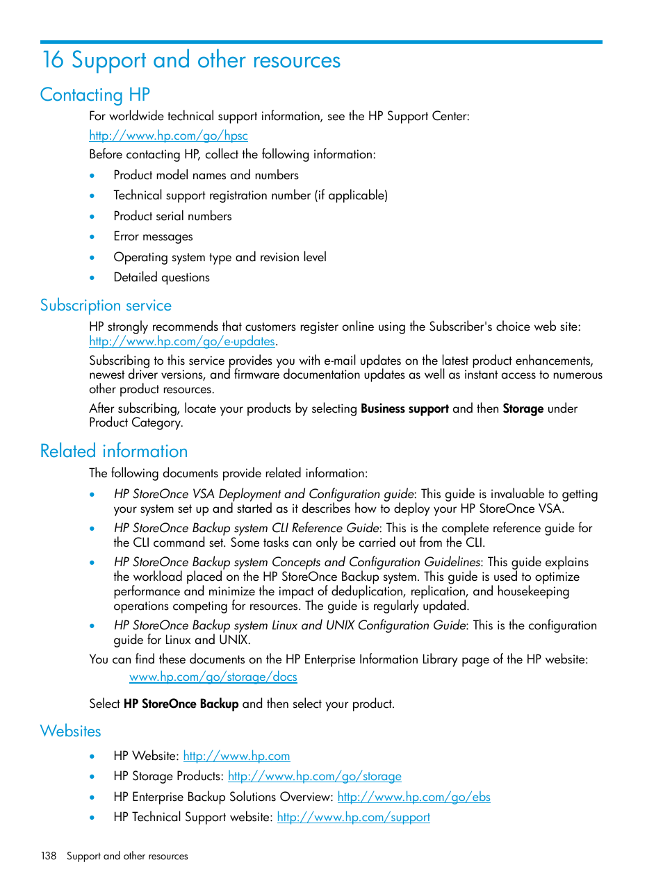 16 support and other resources, Contacting hp, Subscription service | Related information, Websites | HP StoreOnce Backup User Manual | Page 138 / 156