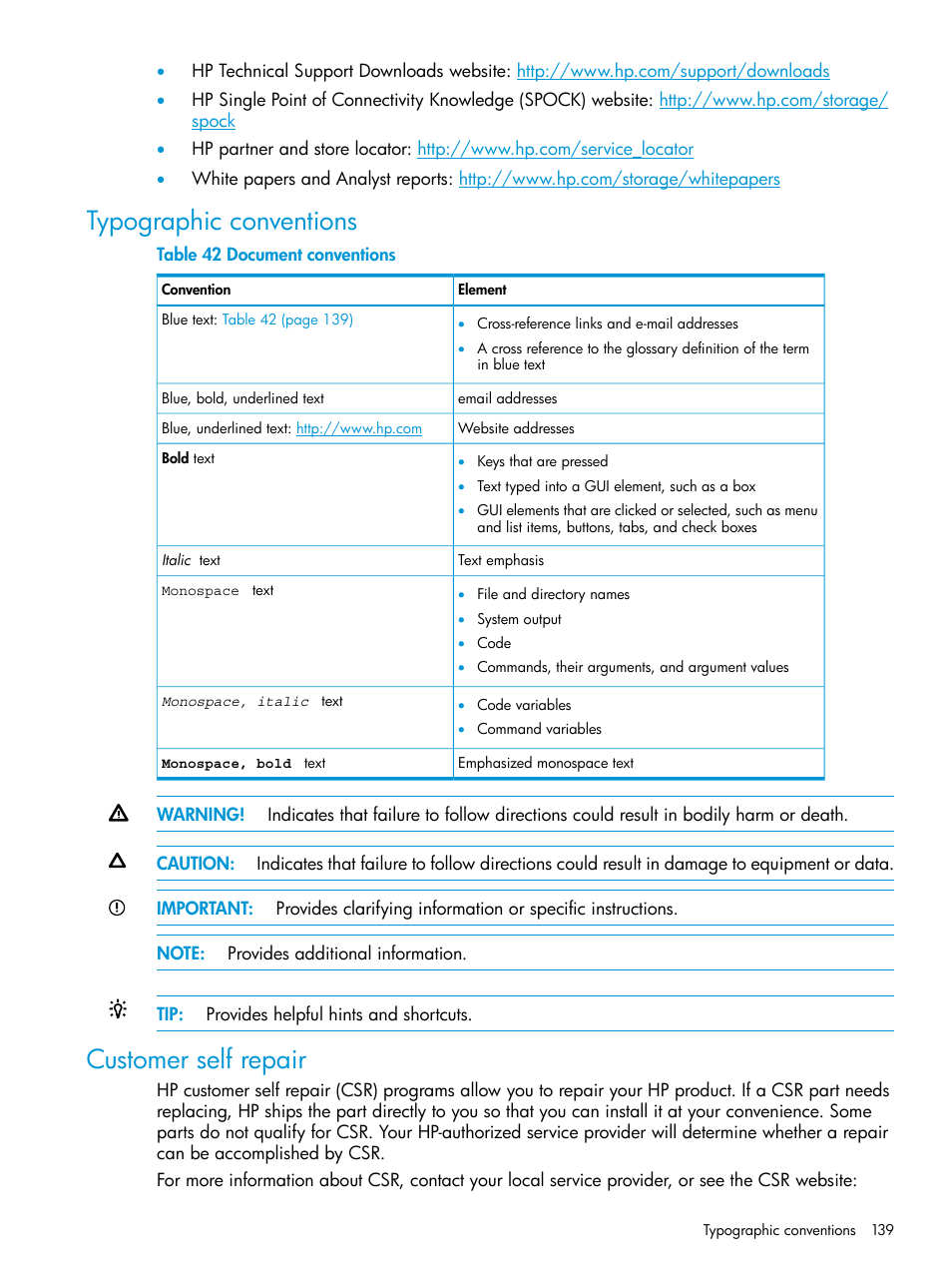 Typographic conventions, Customer self repair, Typographic conventions customer self repair | HP StoreOnce Backup User Manual | Page 139 / 156