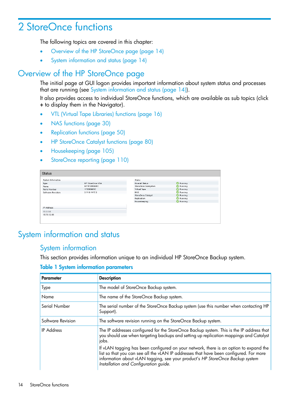 2 storeonce functions, System information and status, Overview of the hp storeonce page | System information | HP StoreOnce Backup User Manual | Page 14 / 156