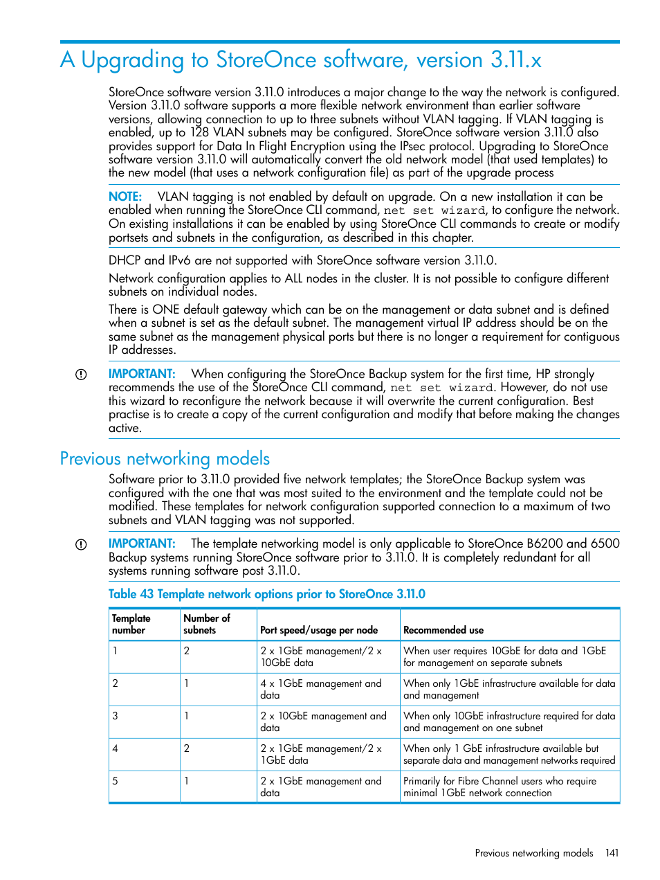 A upgrading to storeonce software, version 3.11.x, Previous networking models | HP StoreOnce Backup User Manual | Page 141 / 156