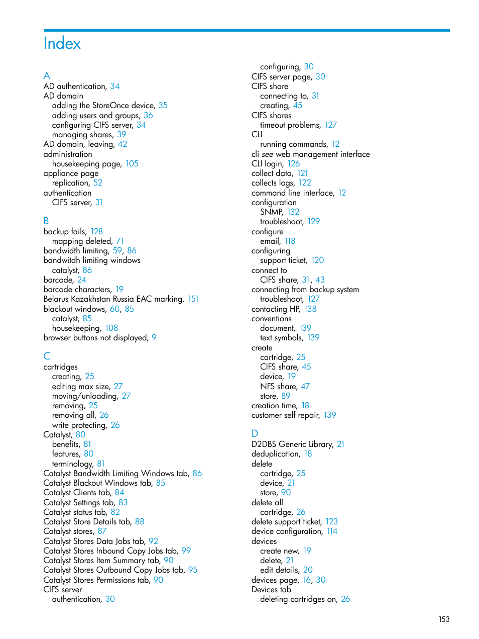 Index | HP StoreOnce Backup User Manual | Page 153 / 156