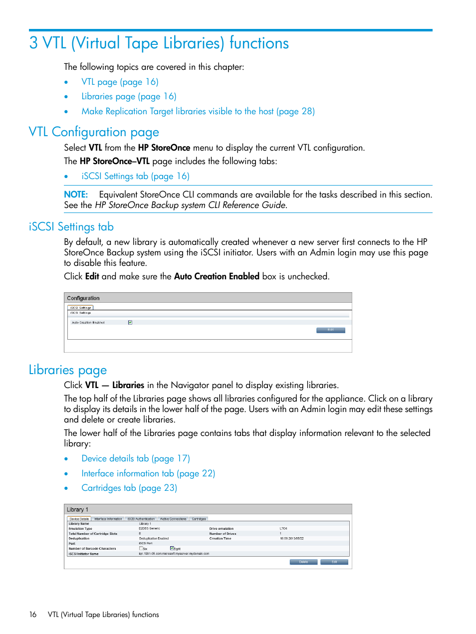 3 vtl (virtual tape libraries) functions, Iscsi settings tab, Vtl configuration page | Libraries page | HP StoreOnce Backup User Manual | Page 16 / 156