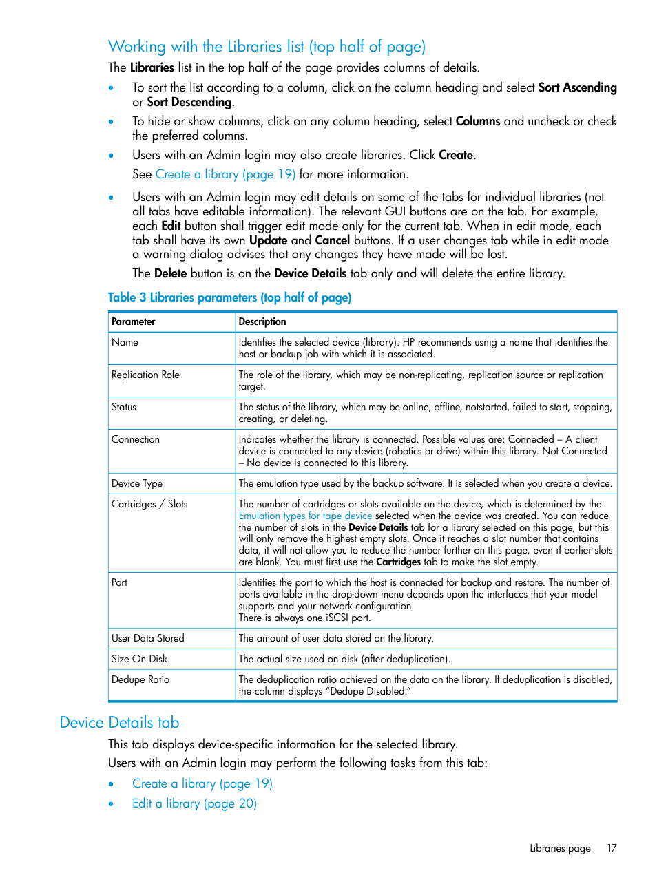 Device details tab, Working with the libraries list (top half of page) | HP StoreOnce Backup User Manual | Page 17 / 156