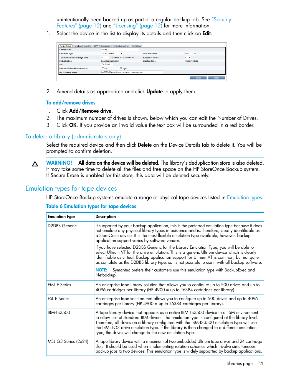 To delete a library (administrators only), Emulation types for tape devices, Emulation types for tape device | HP StoreOnce Backup User Manual | Page 21 / 156