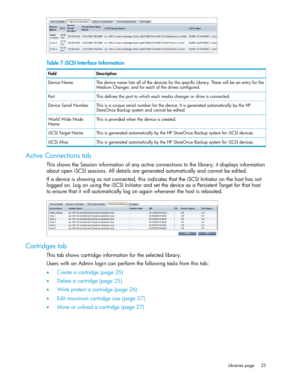 Active connections tab, Cartridges tab, Active connections tab cartridges tab | HP StoreOnce Backup User Manual | Page 23 / 156