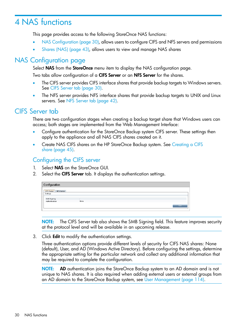 4 nas functions, Cifs server tab, Nas configuration page | Configuring the cifs server | HP StoreOnce Backup User Manual | Page 30 / 156