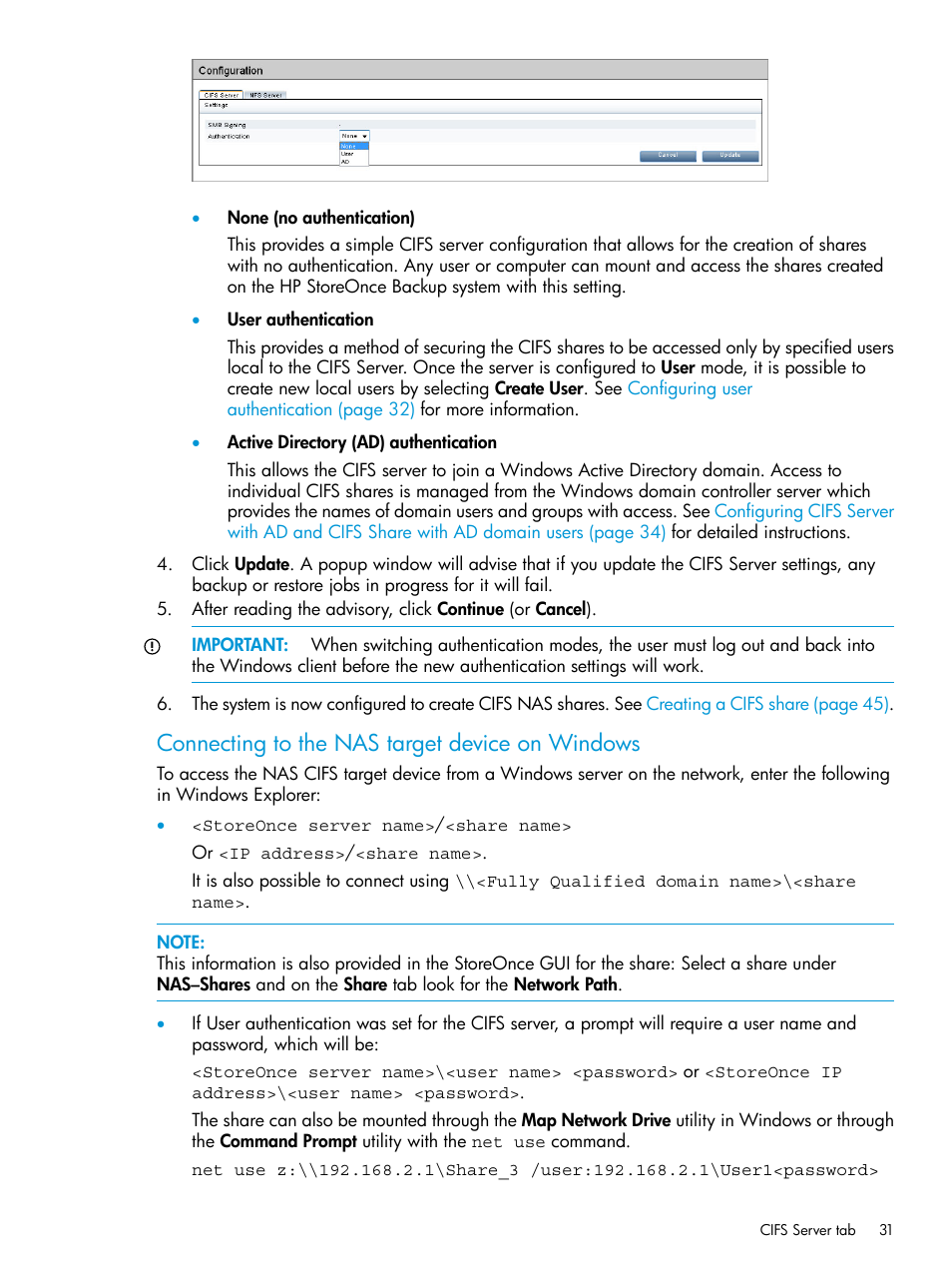 Connecting to the nas target device on windows | HP StoreOnce Backup User Manual | Page 31 / 156