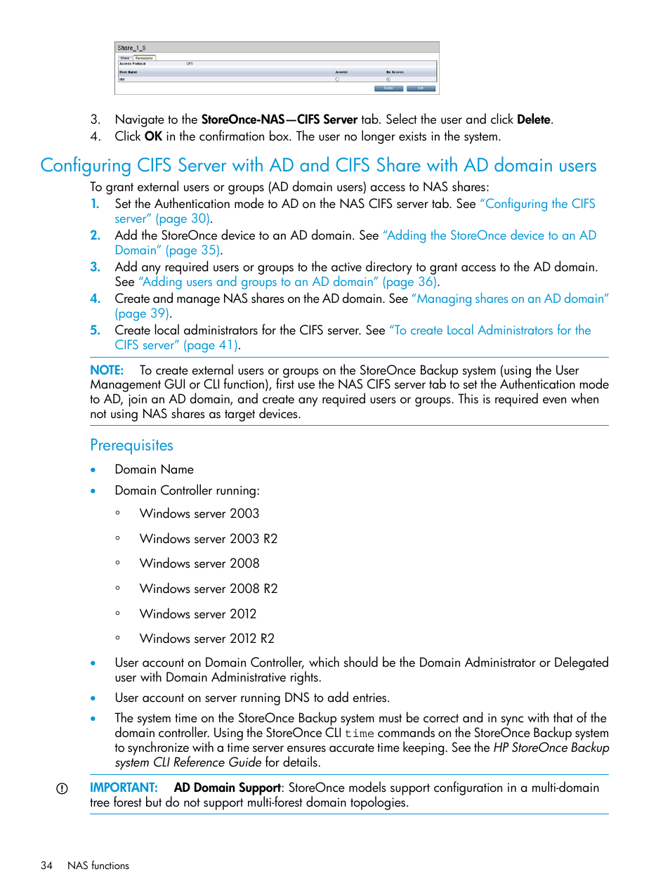 Configuring cifs server, Prerequisites | HP StoreOnce Backup User Manual | Page 34 / 156