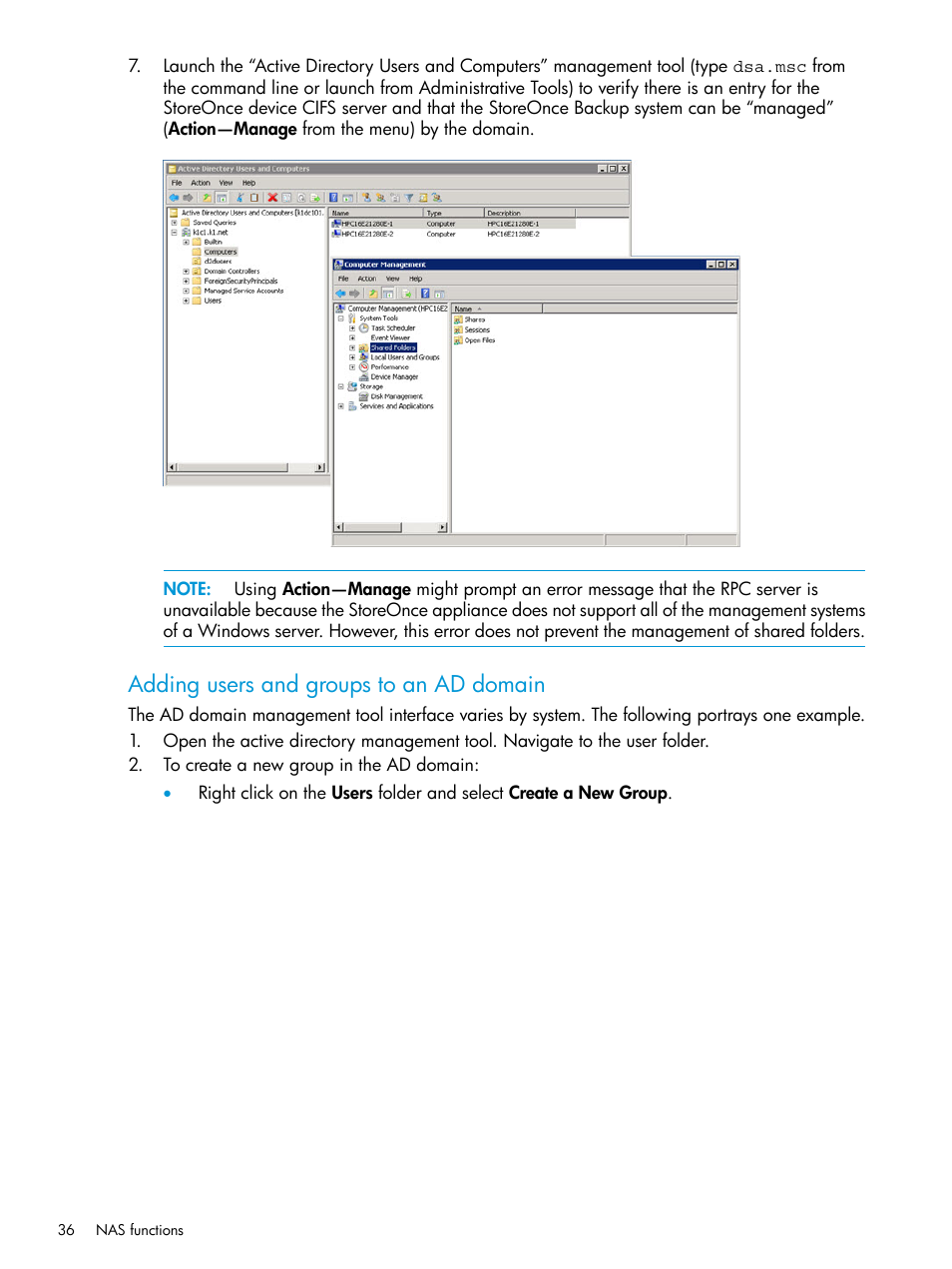 Adding users and groups to an ad domain | HP StoreOnce Backup User Manual | Page 36 / 156