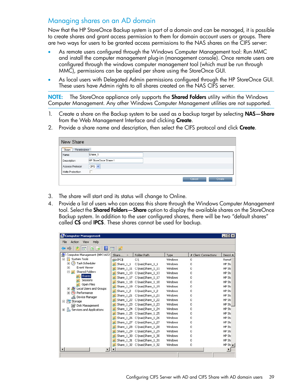 Managing shares on an ad domain | HP StoreOnce Backup User Manual | Page 39 / 156