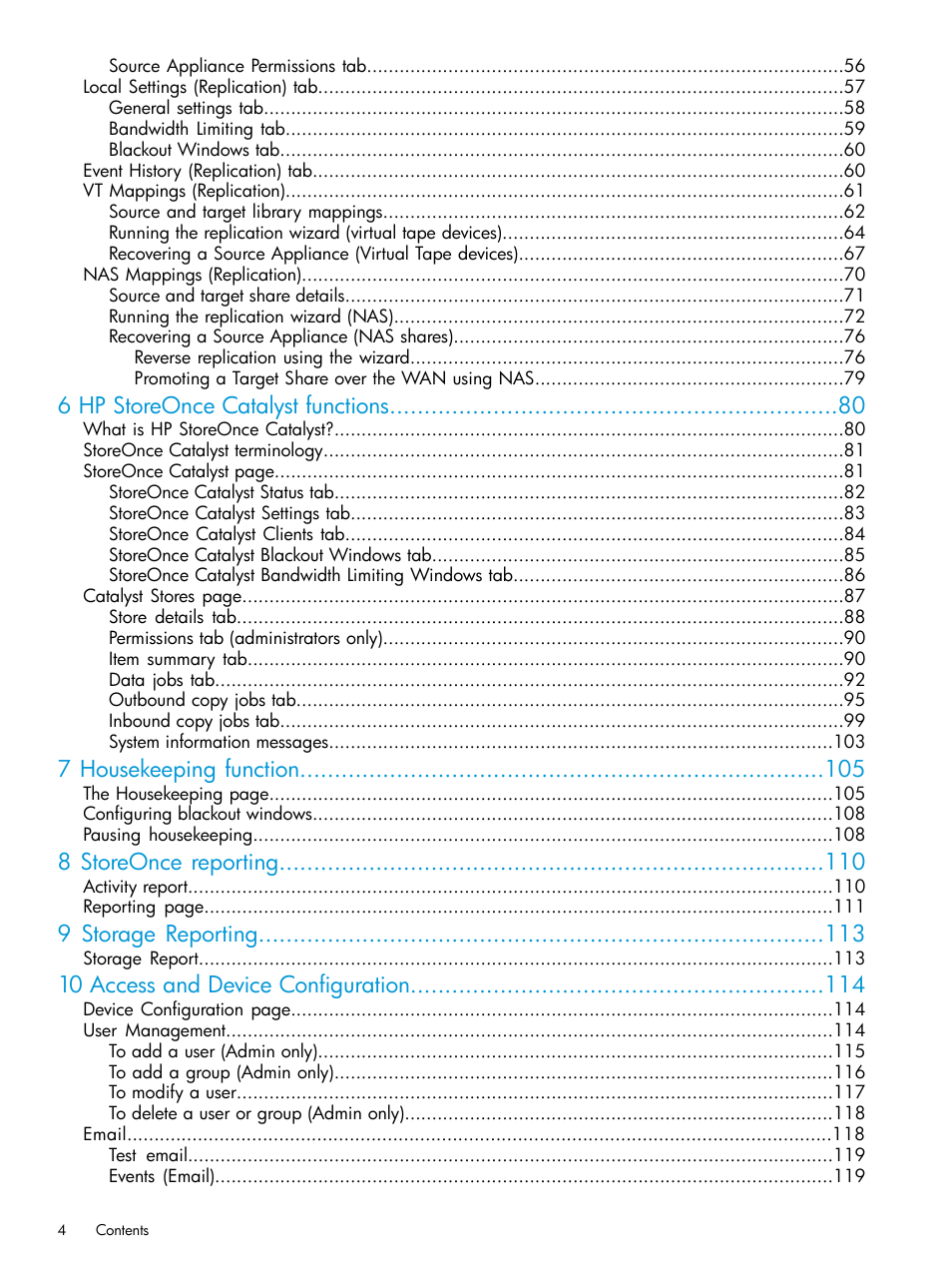 6 hp storeonce catalyst functions, 7 housekeeping function, 8 storeonce reporting | 9 storage reporting, 10 access and device configuration | HP StoreOnce Backup User Manual | Page 4 / 156