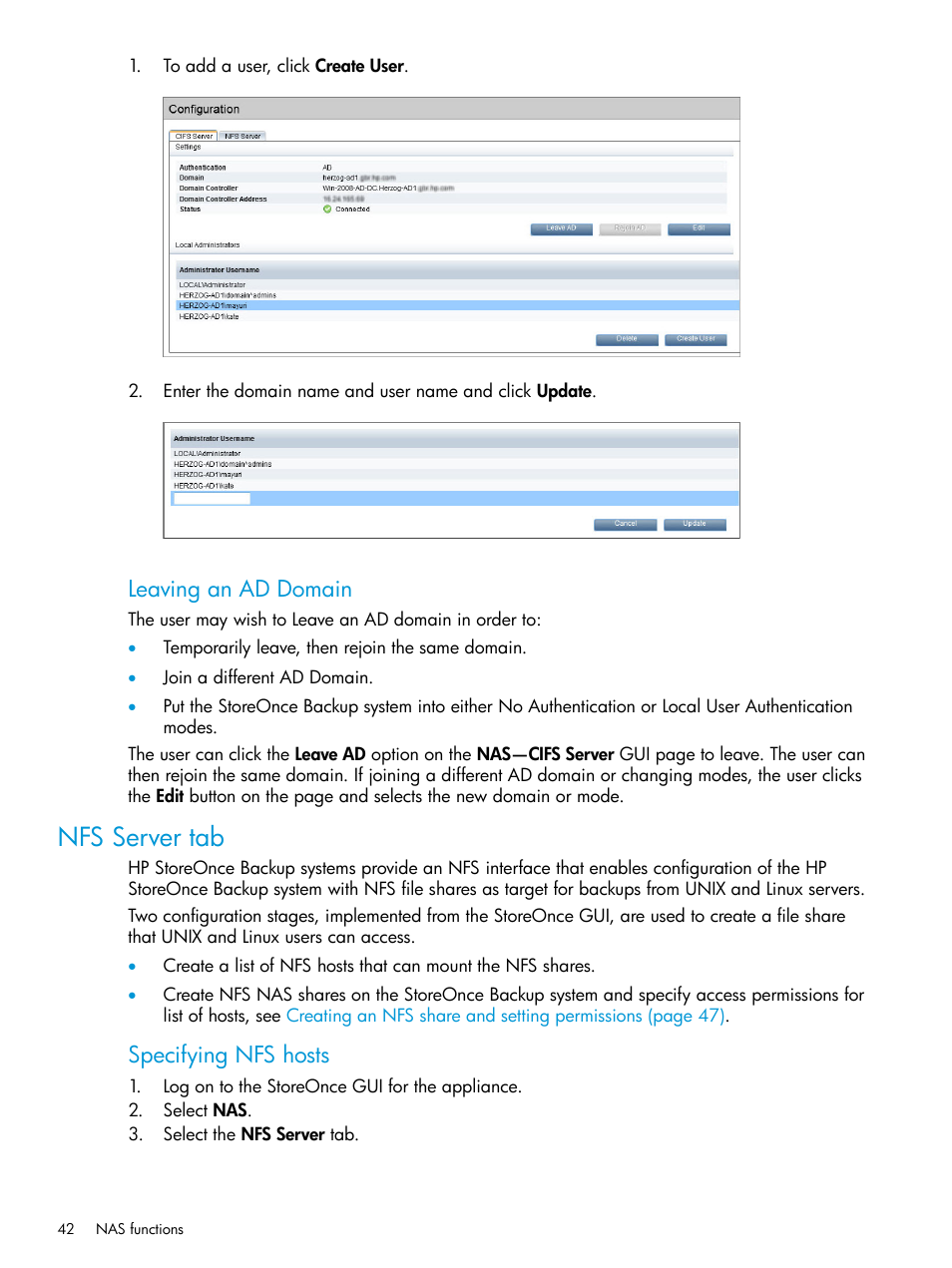 Nfs server tab, Leaving an ad domain, Specifying nfs hosts | HP StoreOnce Backup User Manual | Page 42 / 156