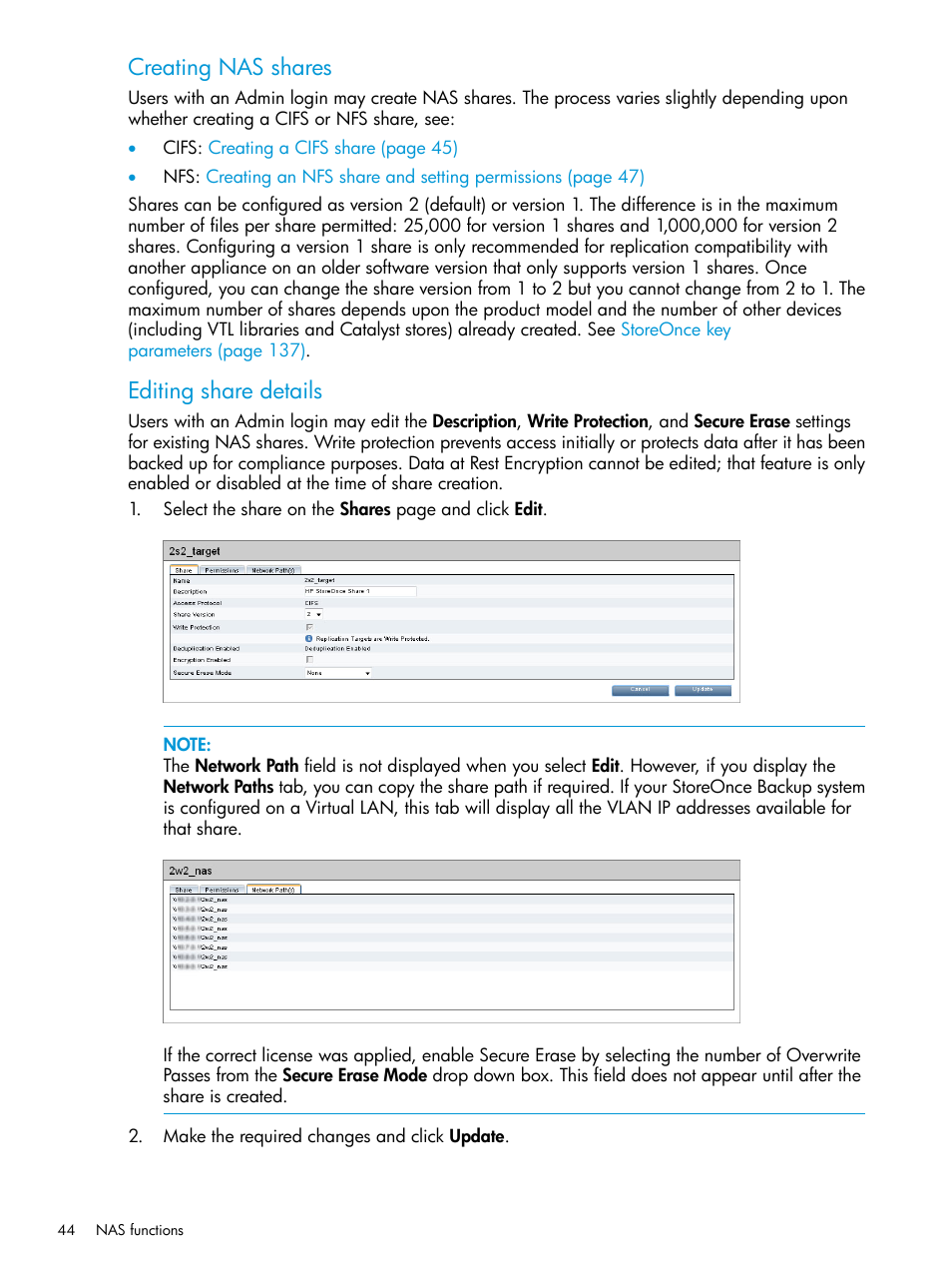 Creating nas shares, Editing share details | HP StoreOnce Backup User Manual | Page 44 / 156