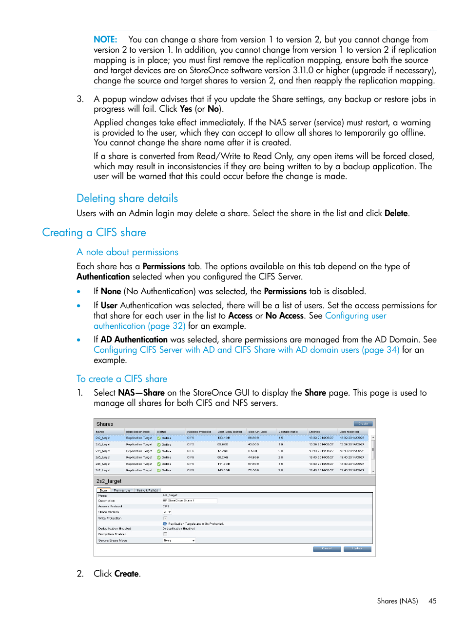 Creating a cifs share, Creating a cifs, Deleting share details | HP StoreOnce Backup User Manual | Page 45 / 156