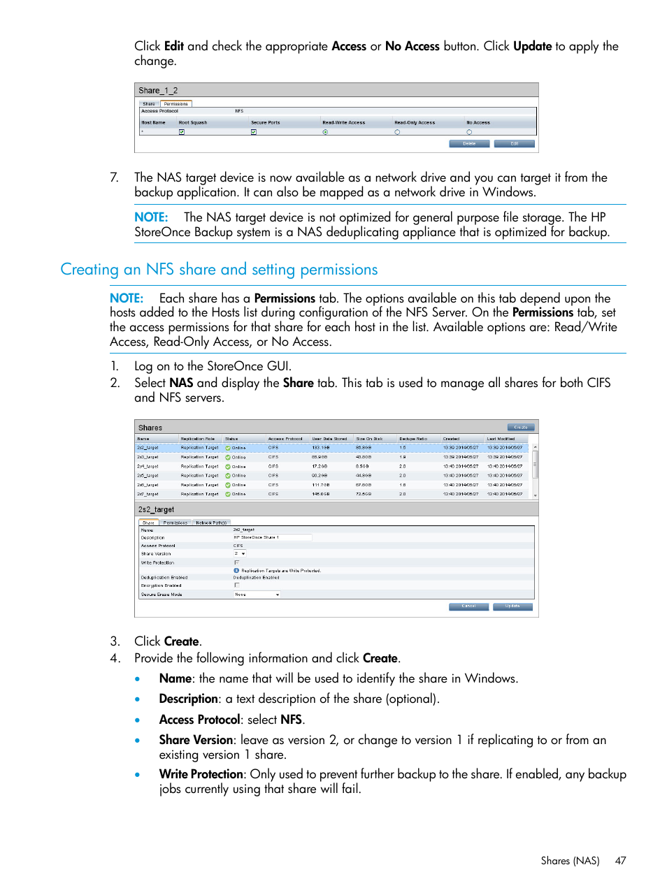 Creating an nfs share and setting permissions | HP StoreOnce Backup User Manual | Page 47 / 156