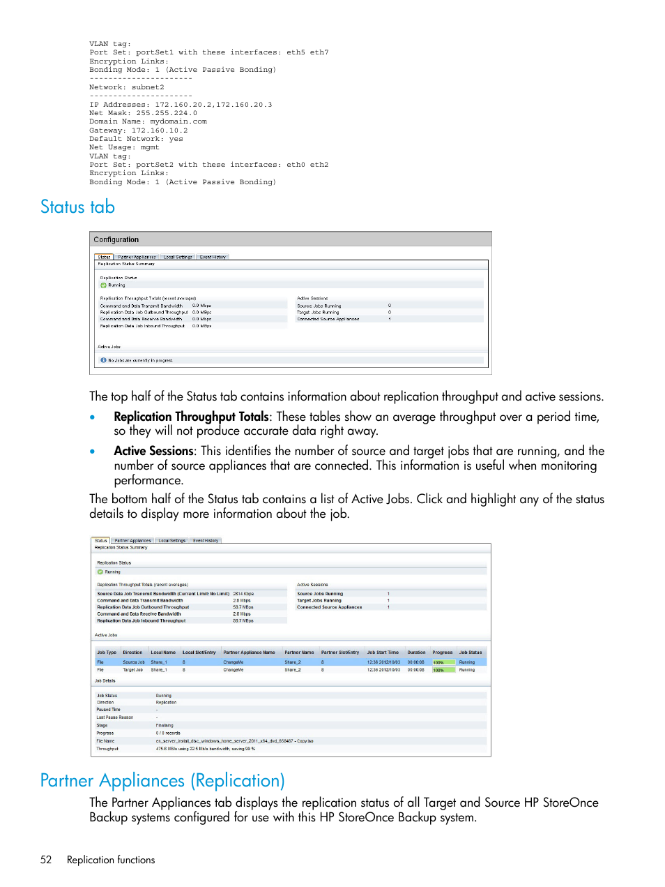 Status tab, Partner appliances (replication), Status tab partner appliances (replication) | HP StoreOnce Backup User Manual | Page 52 / 156