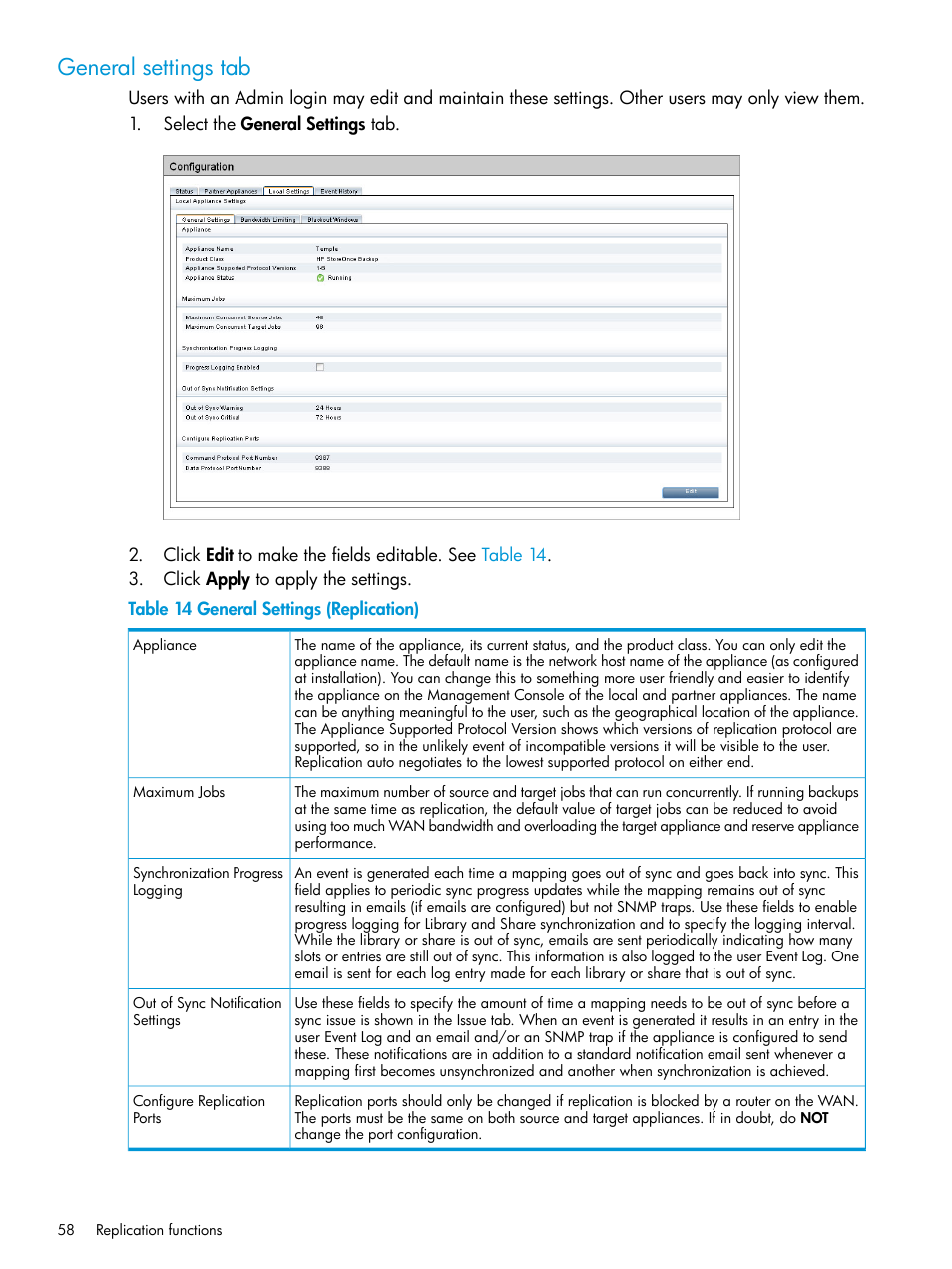 General settings tab | HP StoreOnce Backup User Manual | Page 58 / 156