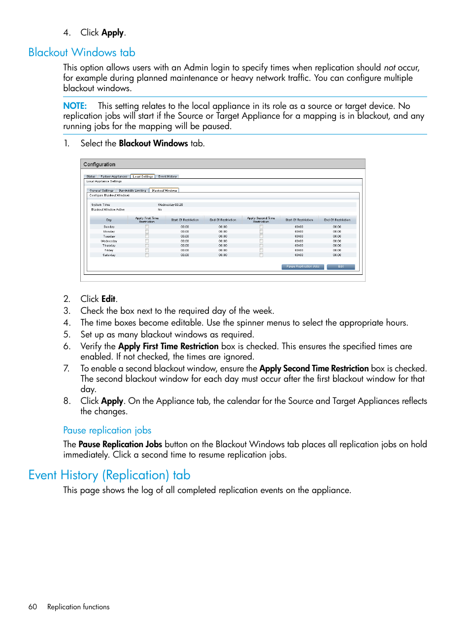 Blackout windows tab, Event history (replication) tab | HP StoreOnce Backup User Manual | Page 60 / 156