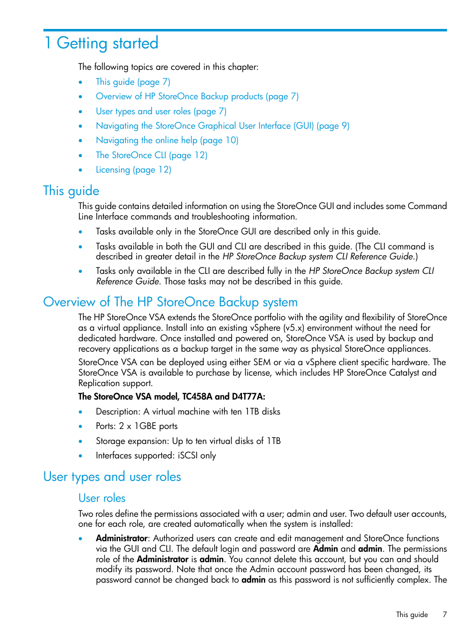1 getting started, This guide, Overview of the hp storeonce backup system | User types and user roles, User roles | HP StoreOnce Backup User Manual | Page 7 / 156
