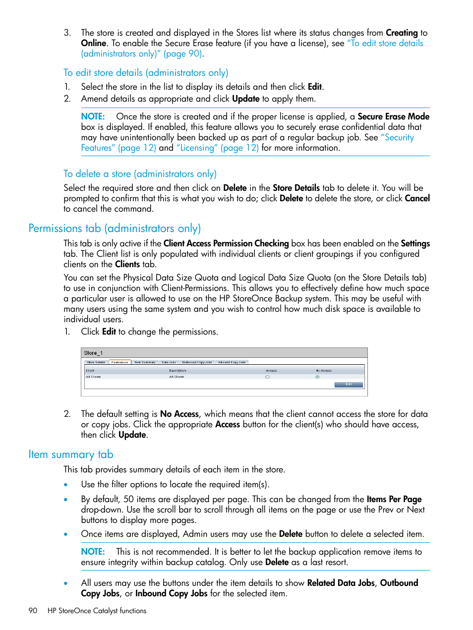 Permissions tab (administrators only), Item summary tab | HP StoreOnce Backup User Manual | Page 90 / 156