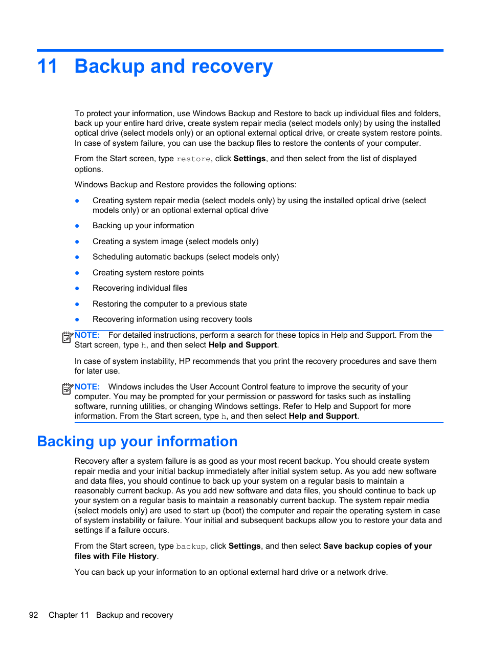 Backup and recovery, Backing up your information, 11 backup and recovery | Backup and | HP EliteBook 8470p Notebook PC User Manual | Page 102 / 126
