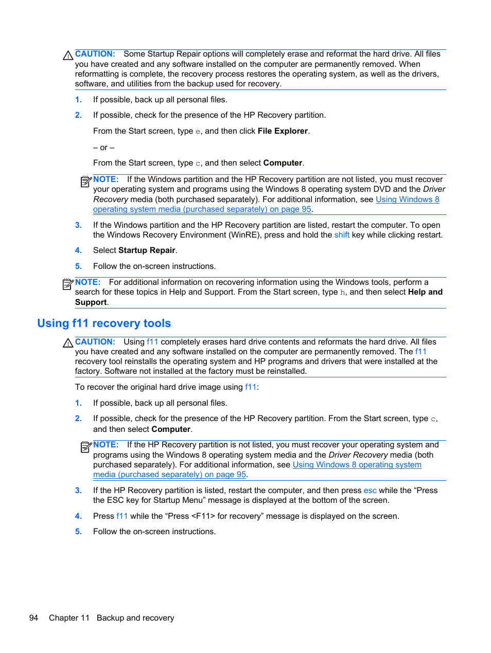 Using f11 recovery tools | HP EliteBook 8470p Notebook PC User Manual | Page 104 / 126