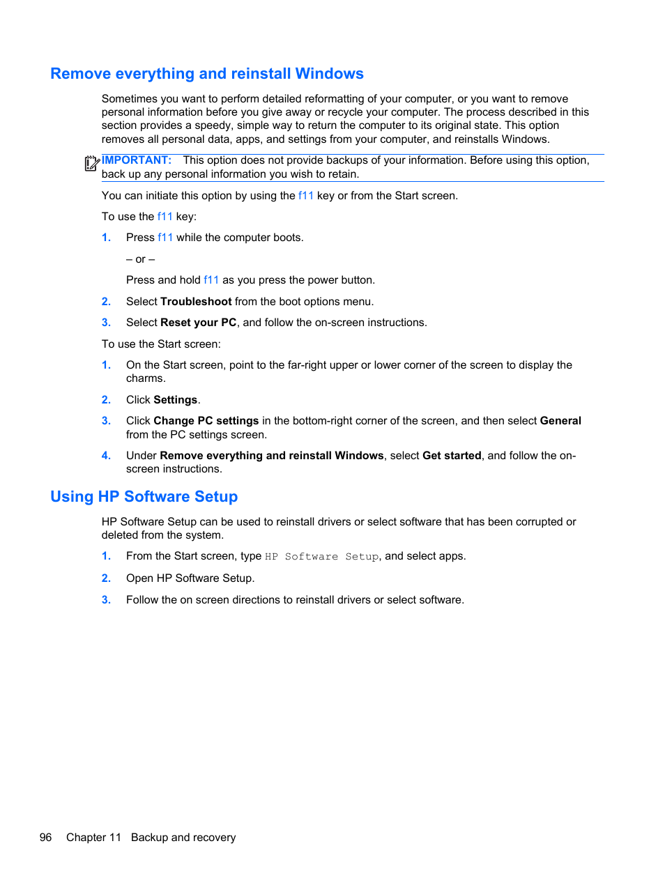 Remove everything and reinstall windows, Using hp software setup | HP EliteBook 8470p Notebook PC User Manual | Page 106 / 126