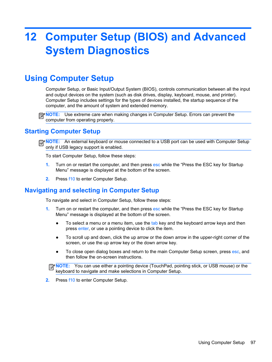 Using computer setup, Starting computer setup, Navigating and selecting in computer setup | HP EliteBook 8470p Notebook PC User Manual | Page 107 / 126