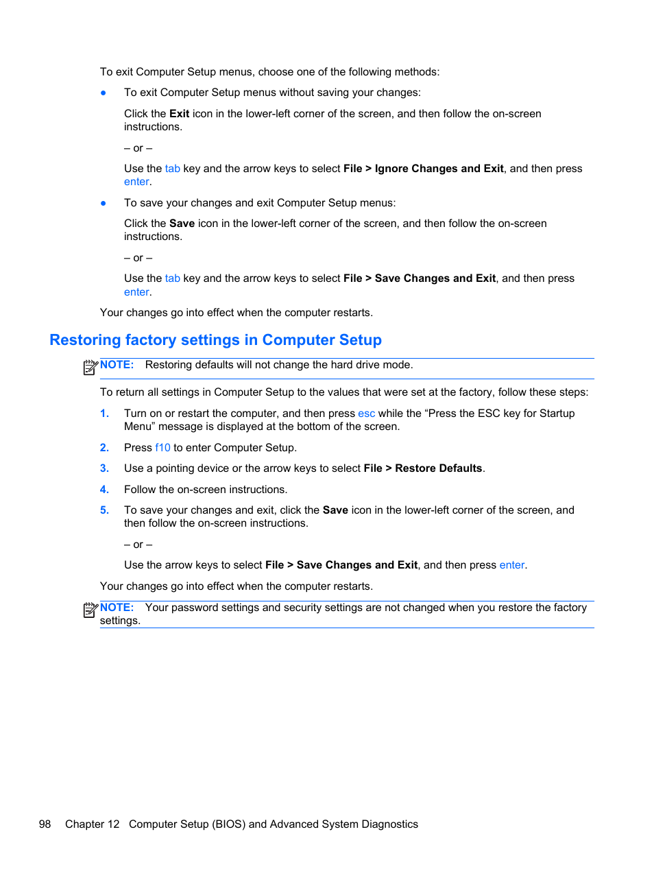 Restoring factory settings in computer setup | HP EliteBook 8470p Notebook PC User Manual | Page 108 / 126