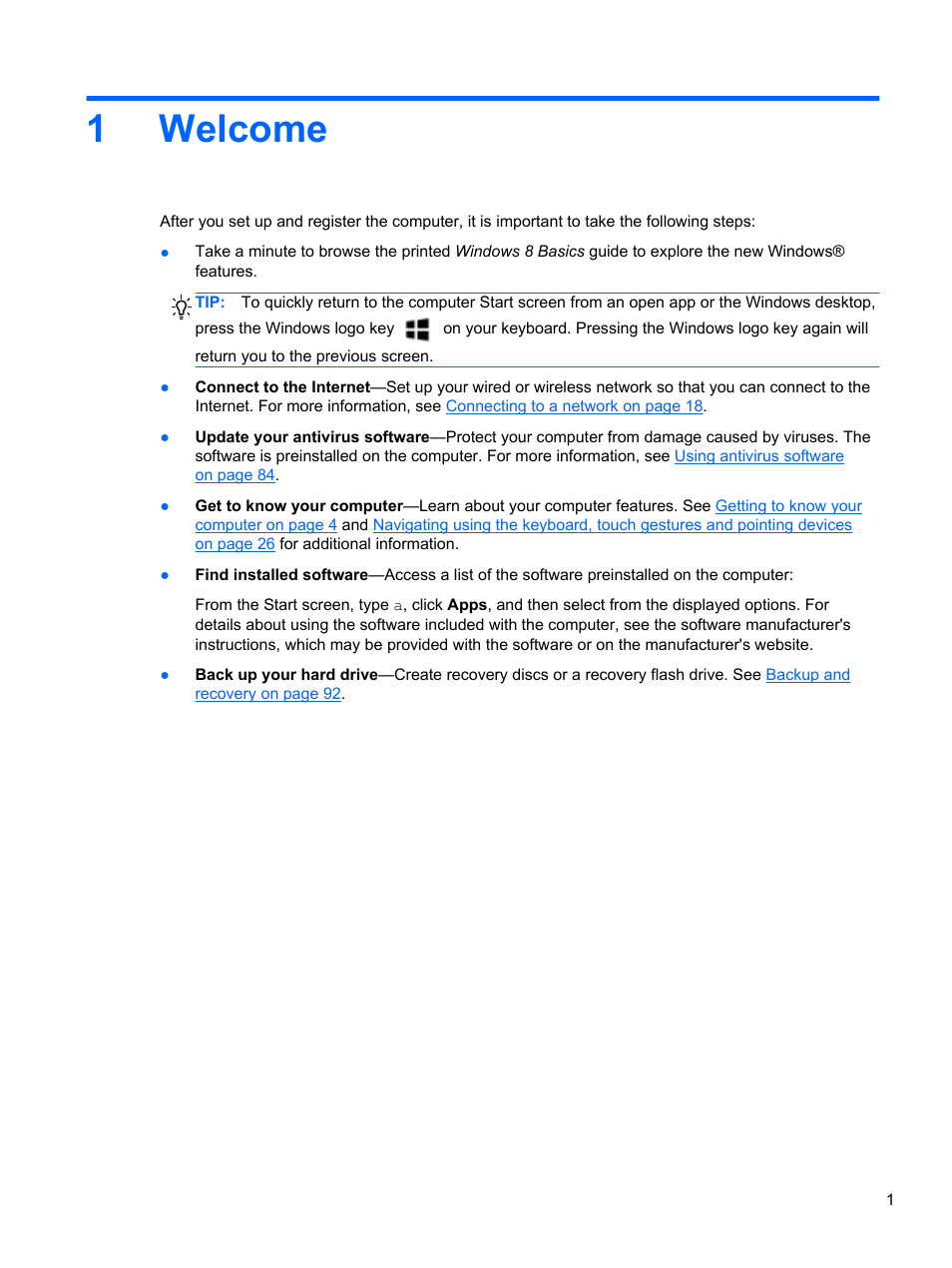 Welcome, 1 welcome, 1welcome | HP EliteBook 8470p Notebook PC User Manual | Page 11 / 126