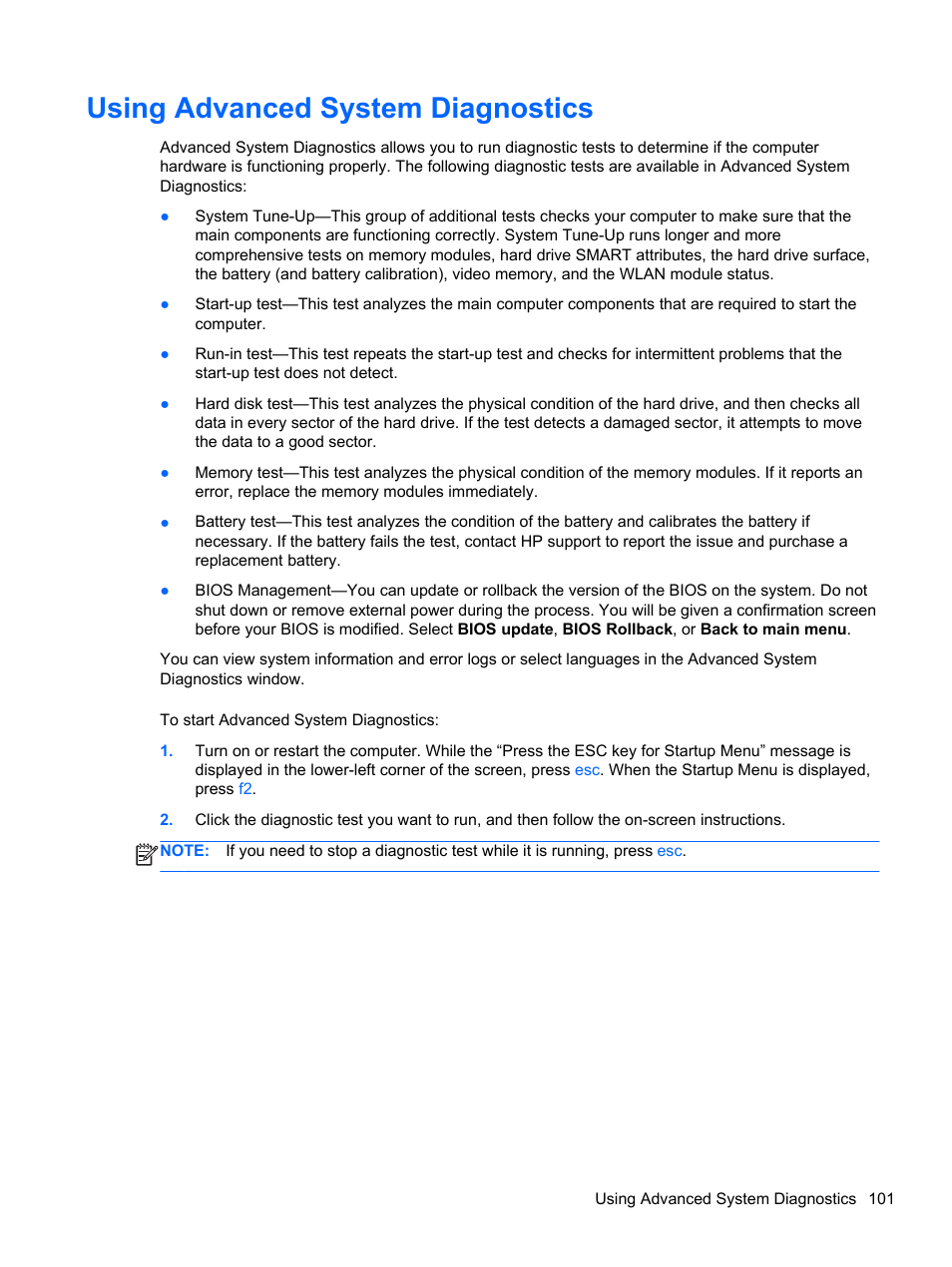 Using advanced system diagnostics | HP EliteBook 8470p Notebook PC User Manual | Page 111 / 126