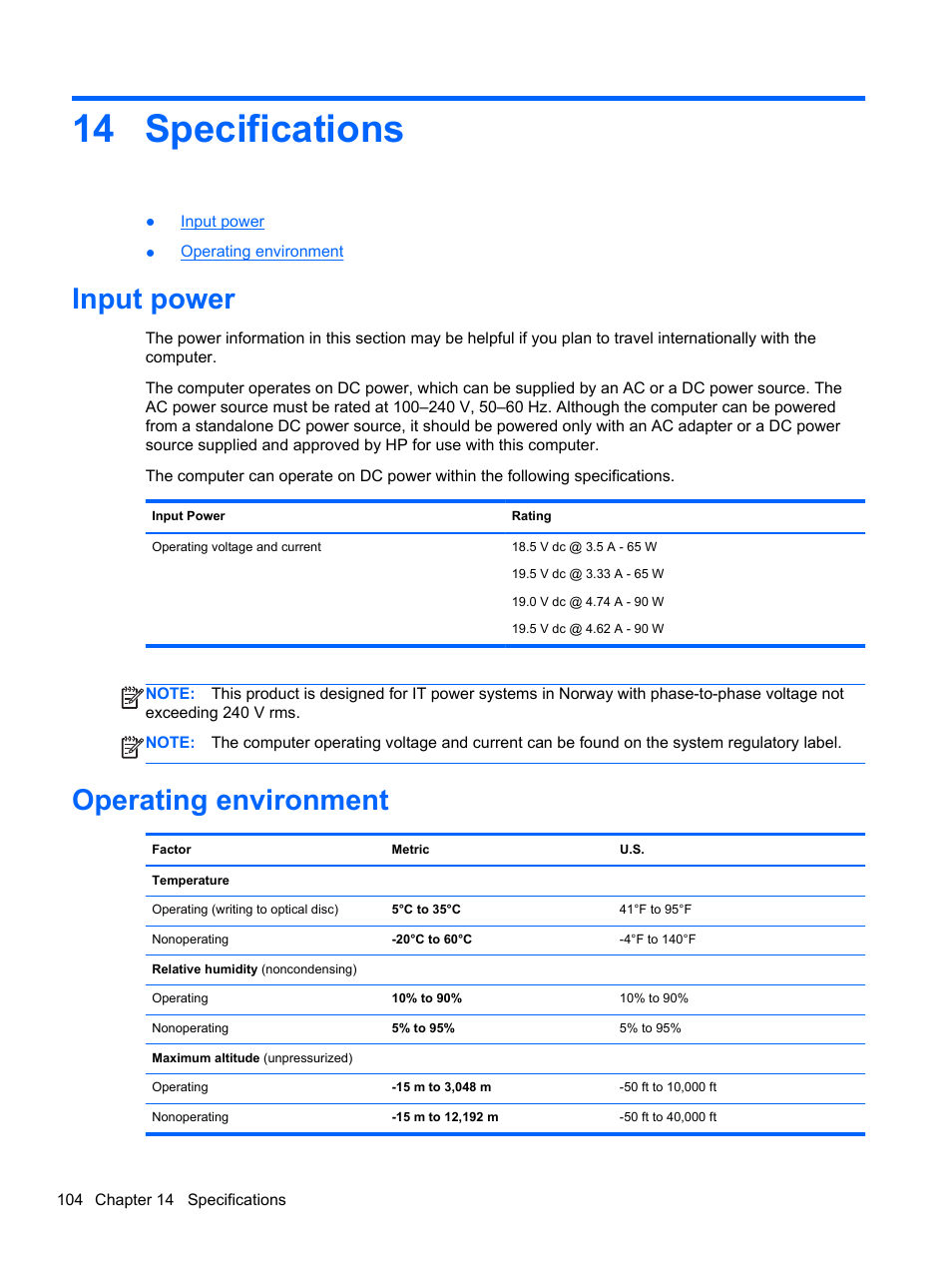 Specifications, Input power, Operating environment | 14 specifications, Input power operating environment | HP EliteBook 8470p Notebook PC User Manual | Page 114 / 126