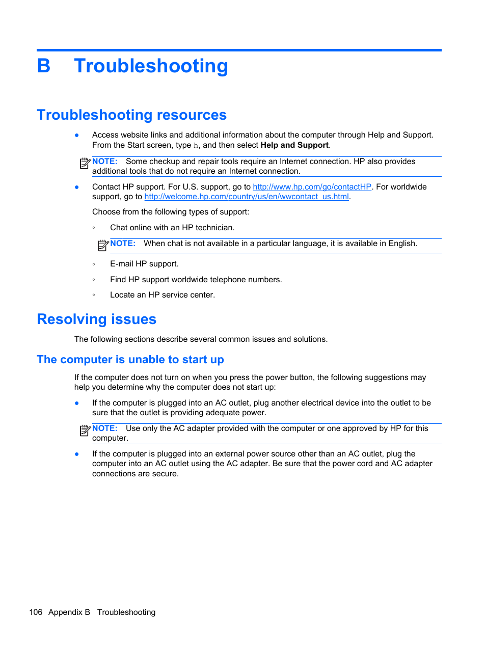 Troubleshooting, Troubleshooting resources, Resolving issues | The computer is unable to start up, Appendix b troubleshooting, Troubleshooting resources resolving issues, Btroubleshooting | HP EliteBook 8470p Notebook PC User Manual | Page 116 / 126