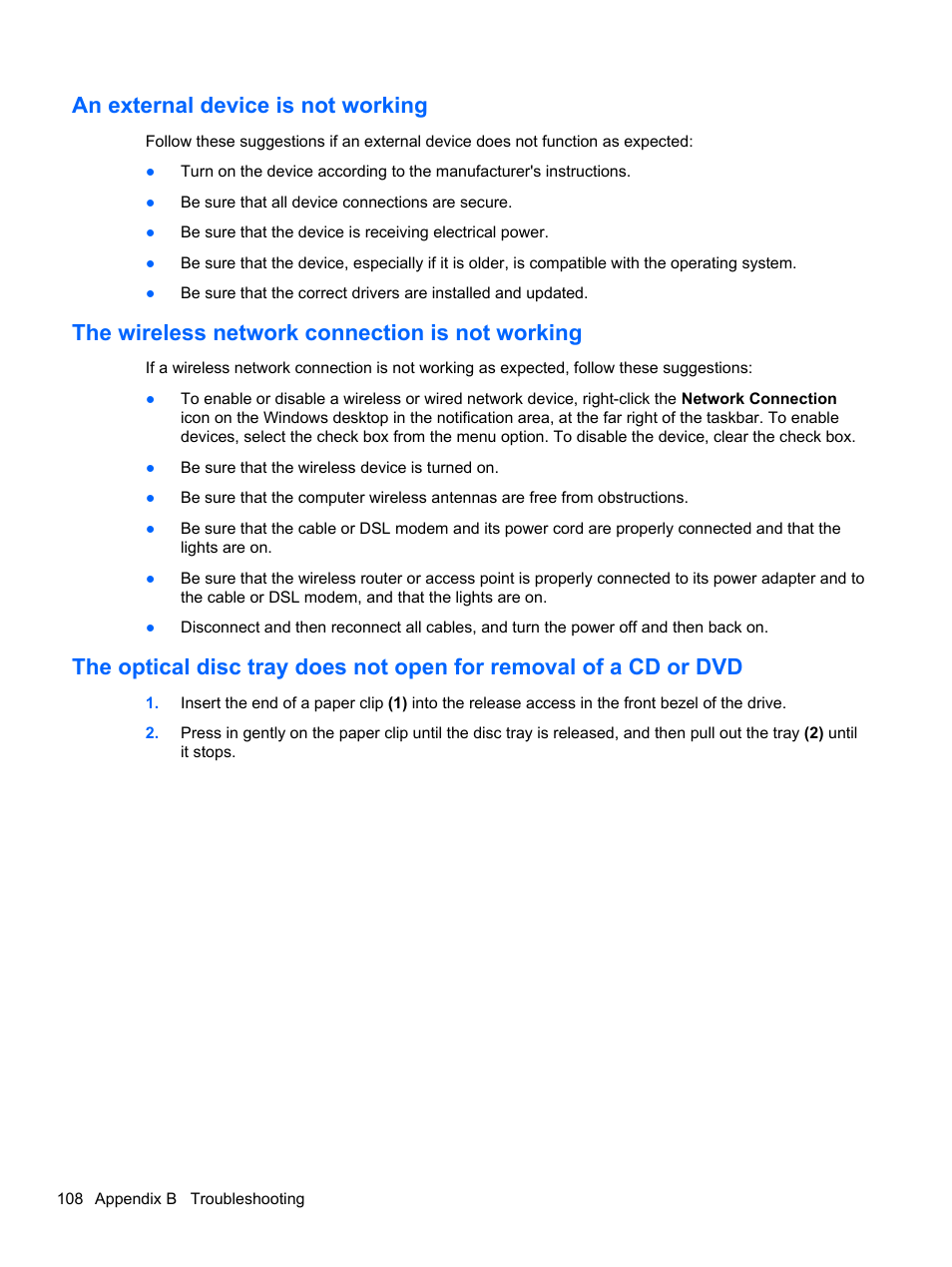 An external device is not working, The wireless network connection is not working | HP EliteBook 8470p Notebook PC User Manual | Page 118 / 126